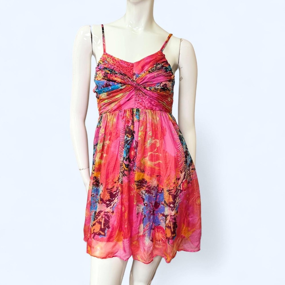 Vinrs Pink Silk Beaded Y2K Babydoll Mini Dress Abstract Floral Print Womens M